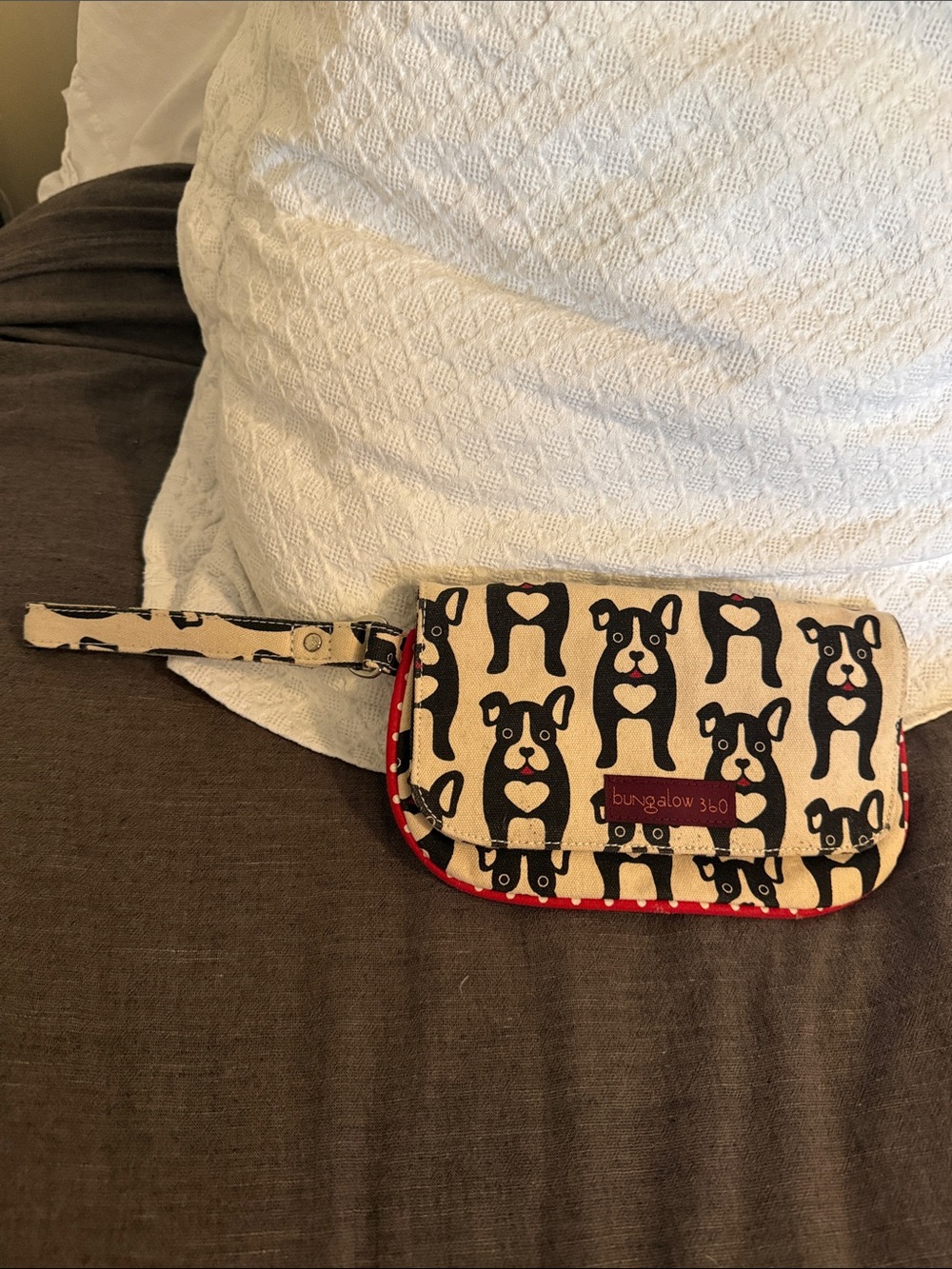 bungalow 360 Beige Wristlet with Black Dog Print and Red Trim